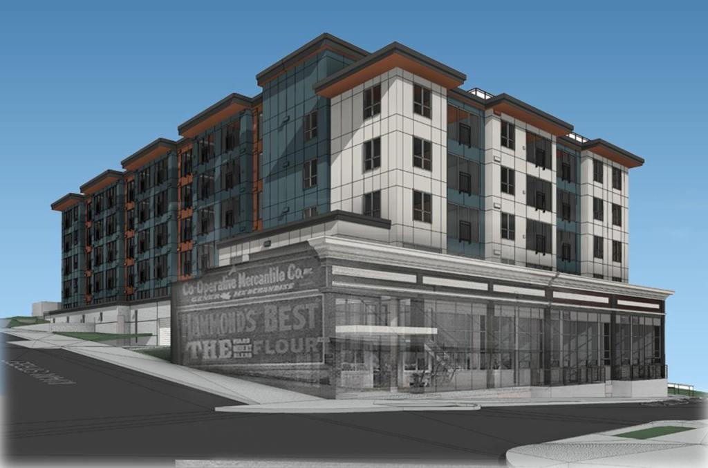 An architectural rendering shows renovation plans for the Mercantile building in Bothell, which caught fire early Friday. (Grouparchitect of Seattle)