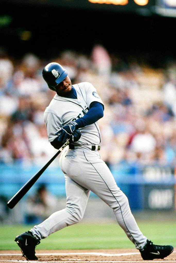 Ken Griffey Jr. of the Seattle Mariners during a game against the Los Angeles Dodgers at Dodger Stadium circa 1999 in Los Angeles, California. The following year Griffey went to Cincinatti. (Larry Goren / Four Seam Images)