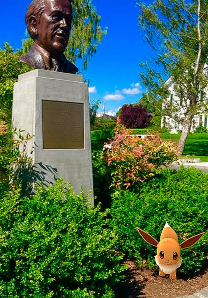 ​A Pokemon hovers around the bust of longtime Sen. Henry M. &ldquo;Scoop&rdquo; Jackson at Grand Avenue Park in Everett.​
