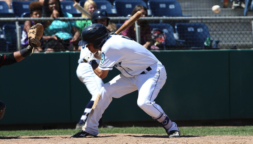 AquaSox Bryson Brigman ducks as a pitch goes over his head. Everett AquaSox beat the Vancouver Canadians 6-5 in the bottom of the ninth inning at Everett Memorial Stadium on Wednesday, July 27, 2016 in Everett, Wa. ( Andy Bronson / The Herald )