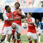 Arsenal forward Chuba Akpom (center) celebrates his goal with teammate Alex Iwobi (left) during the second half of the MLS All-Star game on Thursday in San Jose, Calif. Arsenal defeated the MLS All-Stars 2-1. (AP Photo/Marcio Jose Sanchez)