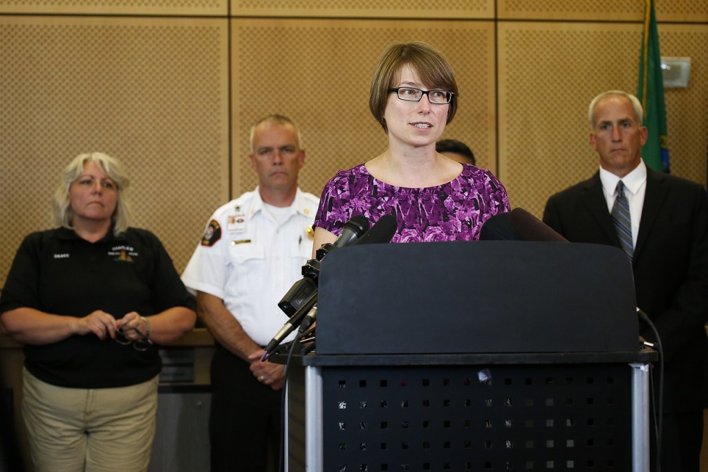 Mukilteo Mayor Jennifer Gregerson addresses the media at Mukilteo City Hall on Saturday afternoon. (Ian Terry / The Herald)