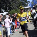 Britain&rsquo;s Chris Froome, wearing the overall leader&rsquo;s yellow jersey runs toward the finish line after he crashed at the end of the twelfth stage of the Tour de France on Thursday near Mont Ventoux. (Stephane Mantey/ Pool Photo via AP)