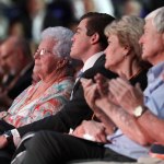 Hazel Albright Head (left) mother of Pat Summitt, sits with Summitt&rsquo;s son, Tyler (center) and Summitt&rsquo;s sister, Linda Attebery (third from left) during a ceremony to celebrate the life of former Tennessee women&rsquo;s basketball coach Pat Summitt on Thursday in Knoxville, Tenn. Summitt died June 28 at the age of 64. (AP Photo/Mark Humphrey)