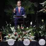 Former NFL and University of Tennessee quarterback Peyton Manning speaks during a ceremony to celebrate the life of former Tennessee women&rsquo;s basketball coach Pat Summitt on Thursday in Knoxville, Tenn. Summitt died June 28 at the age of 64. (AP Photo/Mark Humphrey)
