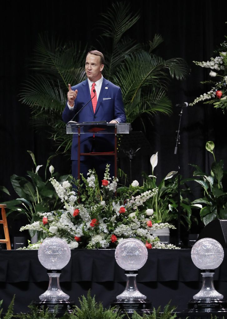 Former NFL and University of Tennessee quarterback Peyton Manning speaks during a ceremony to celebrate the life of former Tennessee women&rsquo;s basketball coach Pat Summitt on Thursday in Knoxville, Tenn. Summitt died June 28 at the age of 64. (AP Photo/Mark Humphrey)