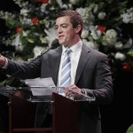 Tyler Summitt, son of former Tennessee women&rsquo;s basketball coach Pat Summitt, speaks during a ceremony to celebrate the life of his mother on Thursday in Knoxville, Tenn. Pat Summitt died June 28 at the age of 64. (AP Photo/Mark Humphrey)