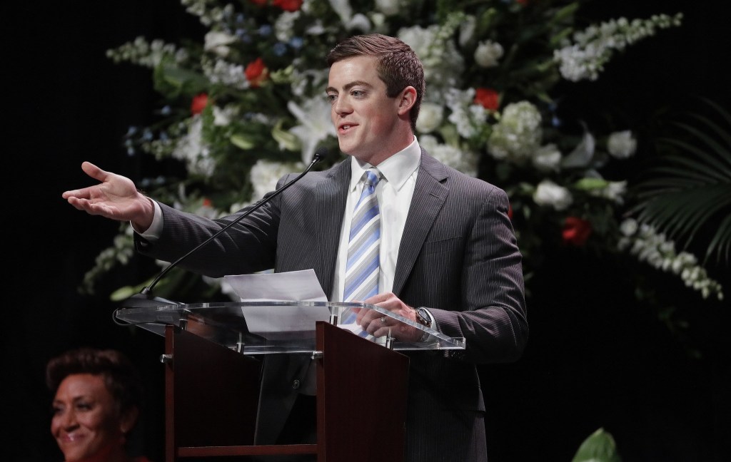 Tyler Summitt, son of former Tennessee women&rsquo;s basketball coach Pat Summitt, speaks during a ceremony to celebrate the life of his mother on Thursday in Knoxville, Tenn. Pat Summitt died June 28 at the age of 64. (AP Photo/Mark Humphrey)