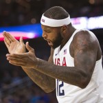 United States&rsquo; DeMarcus Cousins (12) celebrates a basket against Argentina during a 111-74 victory in an exhibition game Friday in Las Vegas. (AP Photo/L.E. Baskow)