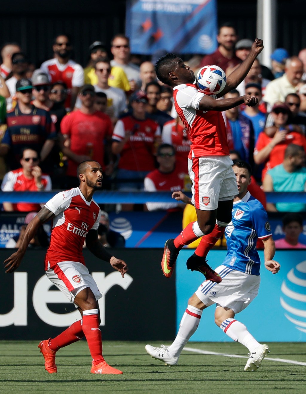Arsenal&rsquo;s Joel Campbell (center) controls the ball with his chest during the first half of the MLS All-Star game Thursday in San Jose, Calif. (AP Photo/Marcio Jose Sanchez)