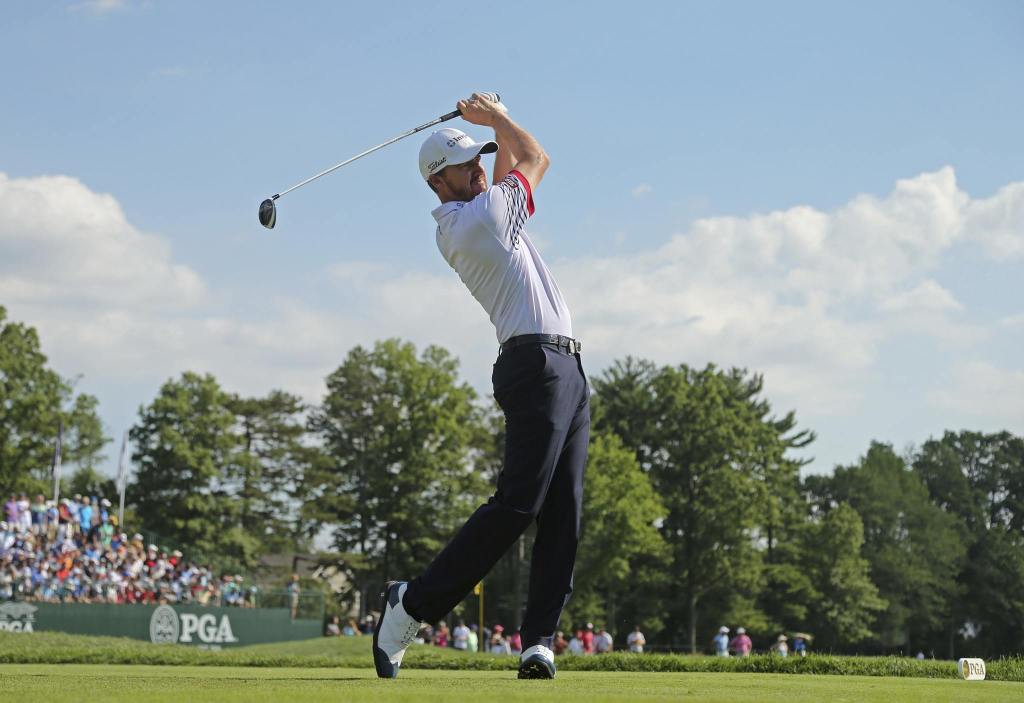 Jimmy Walker watches his tee shot on the 11th hole during the second round of the PGA Championship at Baltusrol Golf Club in Springfield, N.J. on Friday. (AP Photo/Seth Wenig)