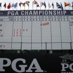 A scoreboard shows a weather warning during a delay in the third round of the PGA Championship at Baltusrol Golf Club in Springfield, N.J. on Saturday. (AP Photo/Tony Gutierrez)