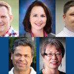 Top row, from left: Republican Jim Langston, and Democrats Shelley Kloba, Aaron Moreau-Cook, and (bottom row) Darshan Rauniyar and Kyoko Matsumoto Wright are running for the position that Democratic State Rep. Luis Moscoso is giving up to run for the state senate.