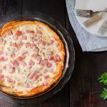 Ham and blue cheese sweet potato quiche is a satisfying meal with an unusual crust.