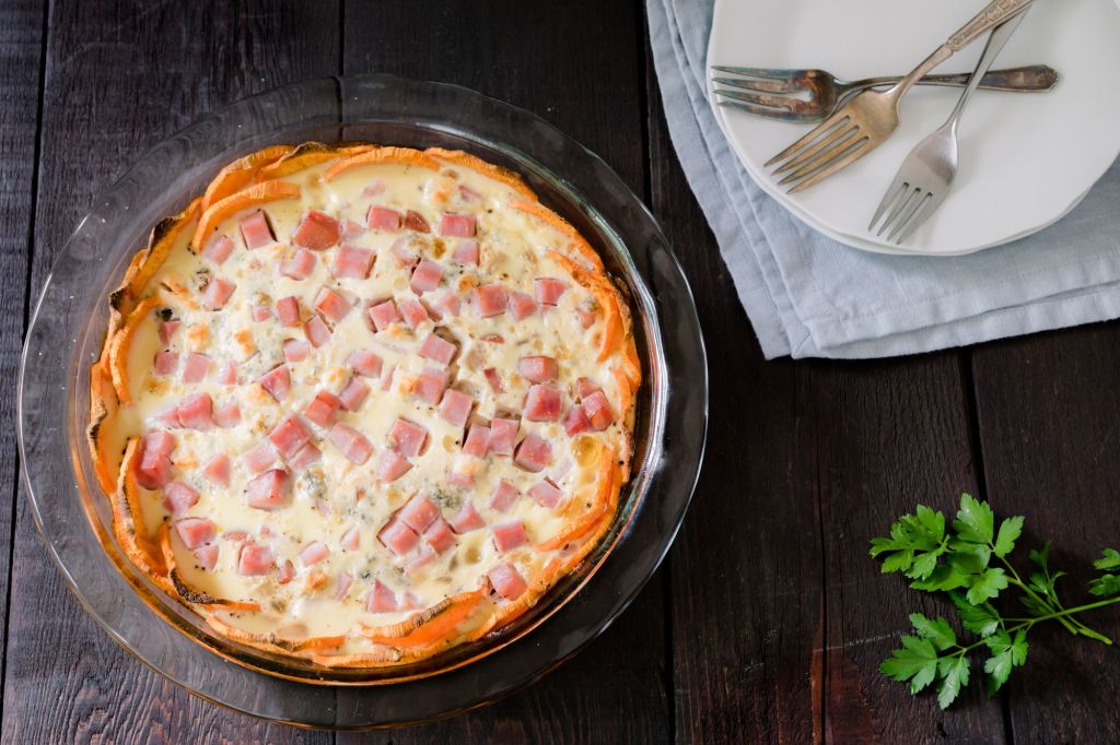 Ham and blue cheese sweet potato quiche is a satisfying meal with an unusual crust.
