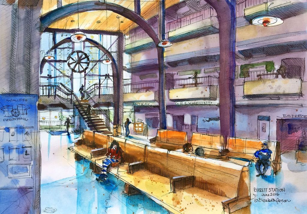 Elizabeth Person made this sketch at Everett Station will talking to reporter Andrea Brown for this story.