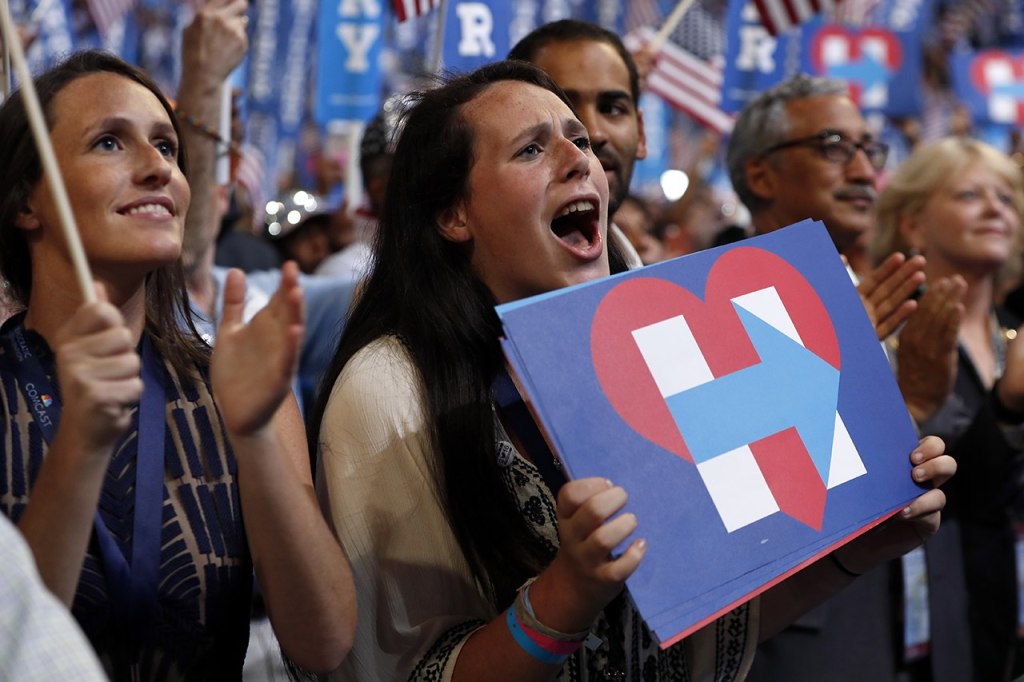 Supporters react as Democratic presidential nominee Hillary Clinton speaks during the final day of the Democratic National Convention in Philadelphia on Thursday. (AP Photo/Carolyn Kaster)