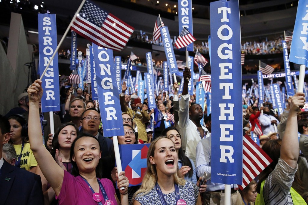 Delegates cheer as Hillary Clinton speaks during the final day of the Democratic National Convention in Philadelphia on Thursday. (AP Photo/Matt Rourke)