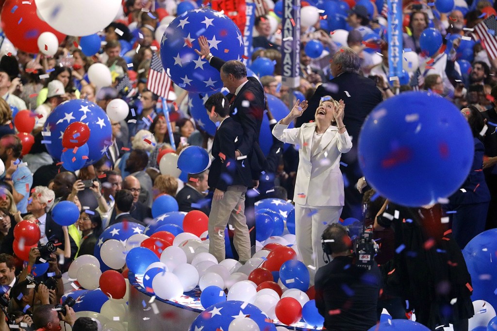 Democratic presidential nominee Hillary Clinton reacts as balloons fall during the final day of the Democratic National Convention on Thursday. (AP Photo/John Locher)