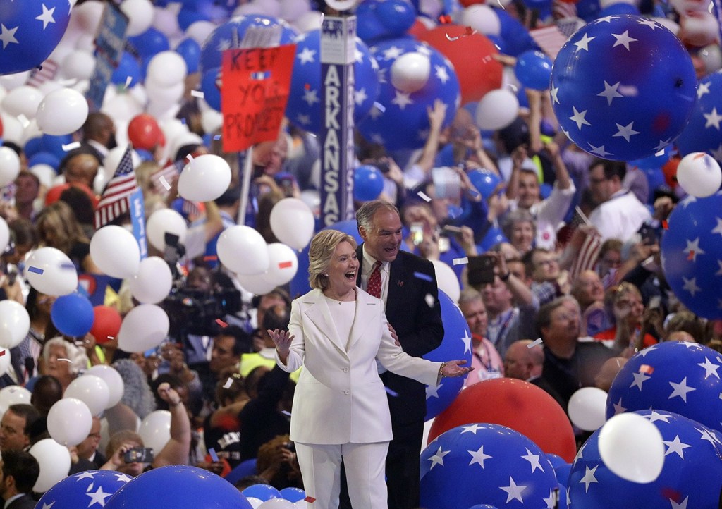Balloons drop on Hillary Clinton and Tim Kaine after Clinton&rsquo;s acceptance speech at the Democratic National Convention on Thursday. (AP Photo/John Locher)
