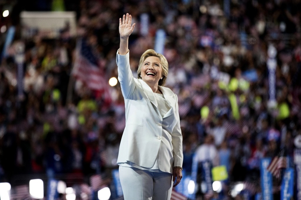 Hillary Clinton waves to the crowd during the fourth day session of the Democratic National Convention in Philadelphia on Thursday. (AP Photo/Andrew Harnik)