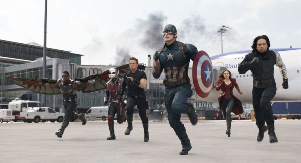 Anthony Mackie, Paul Rudd, Jeremy Renner, Chris Evans, Elizabeth Olsen and Sebastian Stan appear in a scene from &ldquo;Captain America: Civil War.&rdquo;