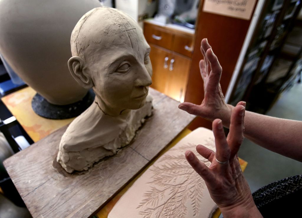 This is one of Goff&rsquo;s personal projects and is not named. &ldquo;I did it while I was going through a lot of different surgeries,&rdquo; Goff said. &ldquo;I like her. She represents the idea that there&rsquo;s something gained as we age. As we&rsquo;re scarred and have cracks… it is who we are. You know, we&rsquo;re born these sweet little blank slates. I&rsquo;m thinking it&rsquo;s a good thing to learn to be happy with who we are. Because who you are kind of separates from that classic idea of beauty. She&rsquo;ll probably just hang out here until it&rsquo;s time for her to go on the clay pile.&rdquo;