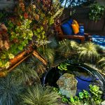 A vertical garden on the fencing around Matt Keenan and Kristen Boswell&rsquo;s deckdeck, excess water is captured in a bamboo trough at the base, and channeled into a small pond built into the deck.