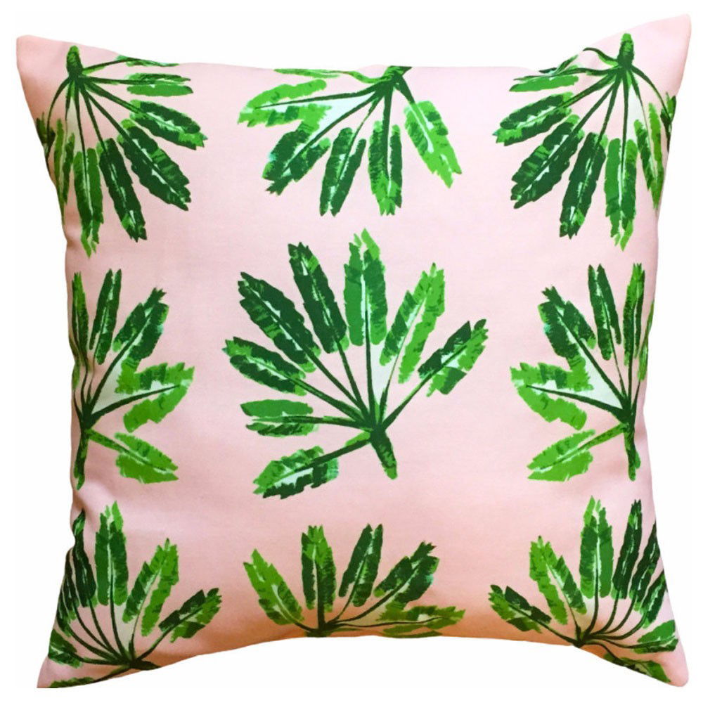 Blush Label&rsquo; Little Palms Indoor/Outdoor Pillow pairs palm branches with the also-trendy pale pink (shopcandelabra.com).