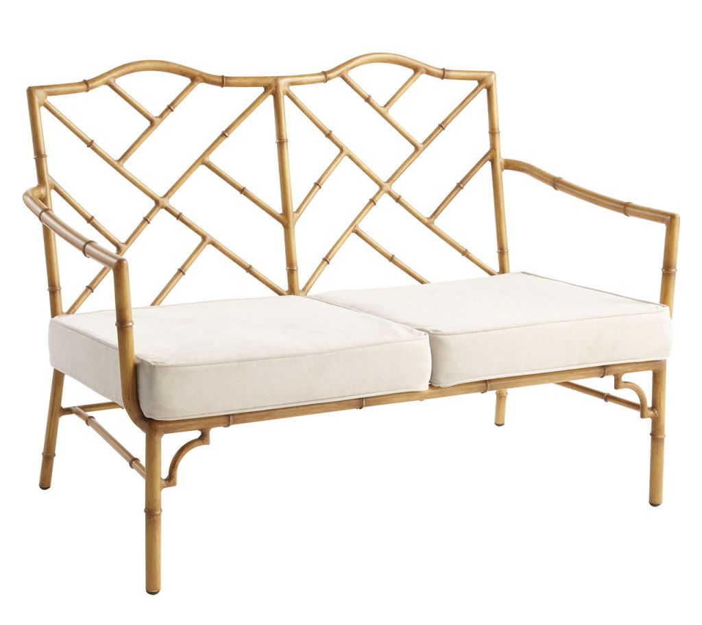 Bayan Deluxe Loveseat, made of rustproof aluminum, would look at home in or out (pier1.com).