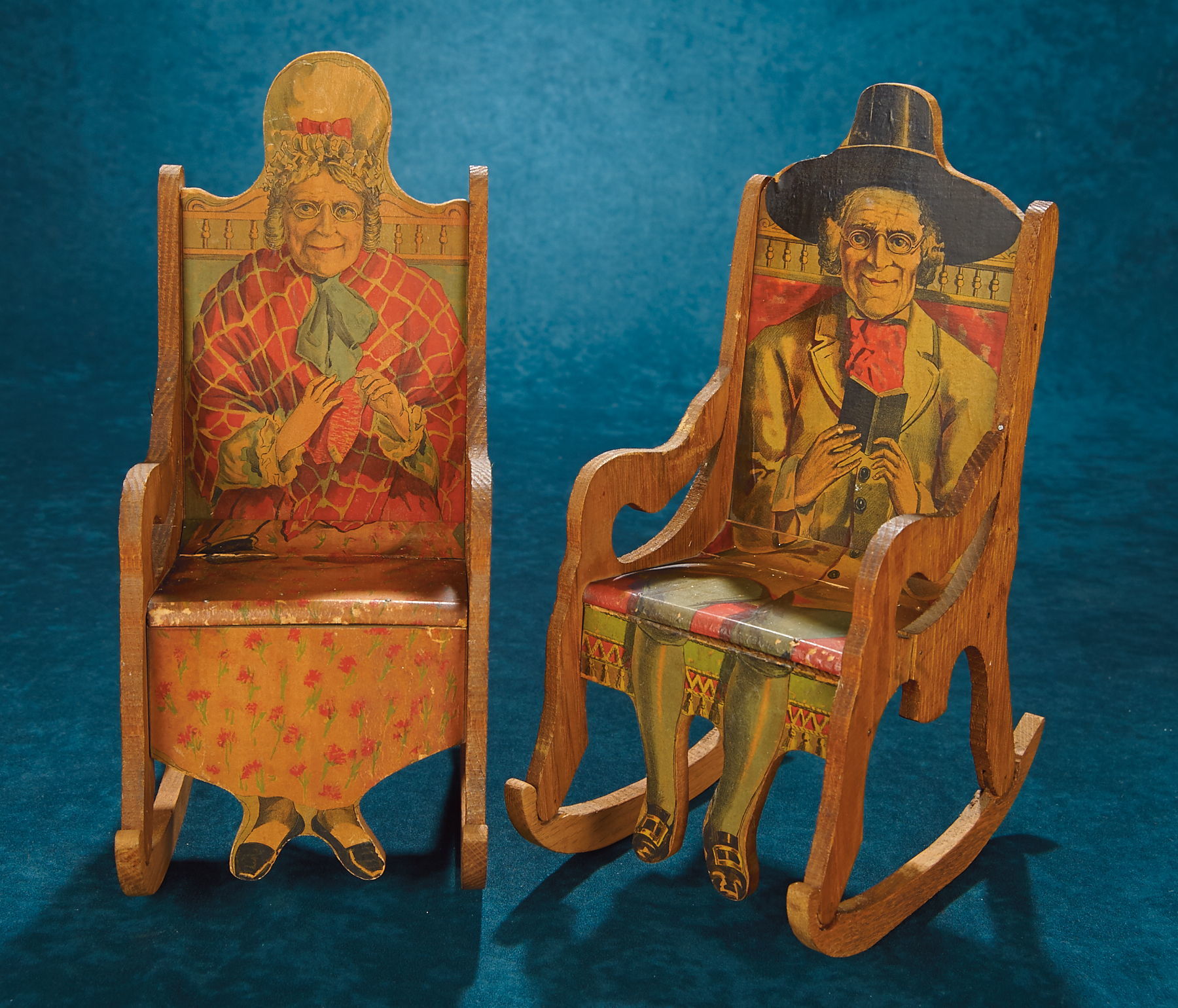 The maker of these wooden doll-sized chairs is unknown, but they were made with a Victorian-style lithographed design. They sold for $952 at a Theriault’s Auction in January 2016.