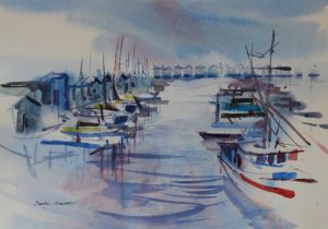 "Everett Waterfront" is a watercolor by Bobbie Mueller displayed through June 23 at Rosehill Community Center, Mukilteo. The painting depicts the now-demolished 14th Street docks.