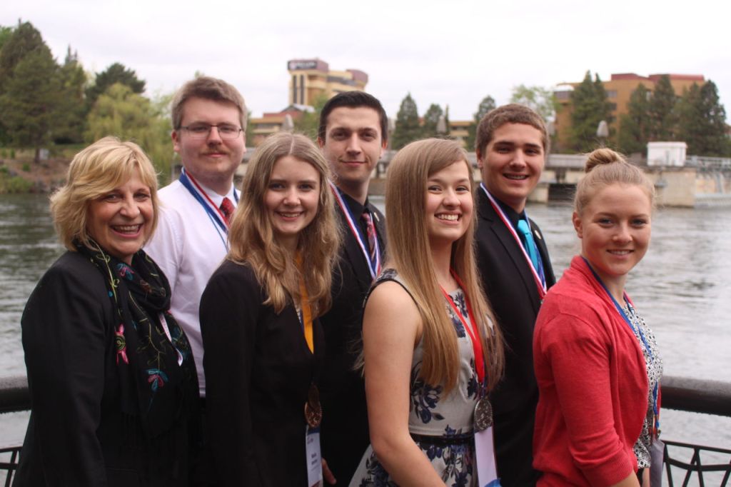 Granite Falls High School fielded several winners at the Washington State Future Business Leaders of America conference, April 20-23 in Spokane. Pictured back row (from left) are Alexander Turner, Jeremy Miller and Tyler Arp; front row, adviser Sherry Lund, Maia Whitley, Kenna Todd and Laura Gilbertson.