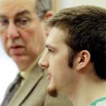 Bjorn Anderson (right) addresses the court with public defender Neal Friedman looking on Wednesday at the Snohomish County Courthouse in Everett. Anderson was sentenced to 15 years in the attempted murder of his grandmother.
