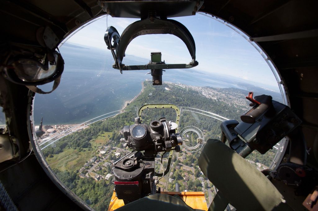 The bombardier&rsquo;s seat aboard the Aluminum Overcast offers a view of Discovery Park.