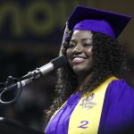 Lake Stevens High School&rsquo;s student selected speaker Glory Yepassis-Zembrou smiles as she acknowledges the choir during the Class of 2016 Graduation Ceremony at Xfinity Arena in Everett on Tuesday, June 7, 2016. Photo taken on 06072016