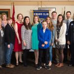The Kiwanis Club of Snohomish recently celebrated its scholarship winners. Pictured from left: June Shirey, AIM High School director; Debbie Emge, Kiwanis Club of Snohomish president; student Uriah Hall; Snohomish High School Principal Beth Porter; students Nicole Hill, Becca Bartleheimer, Aja Hart, Elly Rodriguez, Kyle Rogers and Audrey Truitt; Glacier Peak High School Vice Principal Lance Peters; and Ken Hammond, the Kiwanis club&rsquo;s Scholarship Committee chairman.