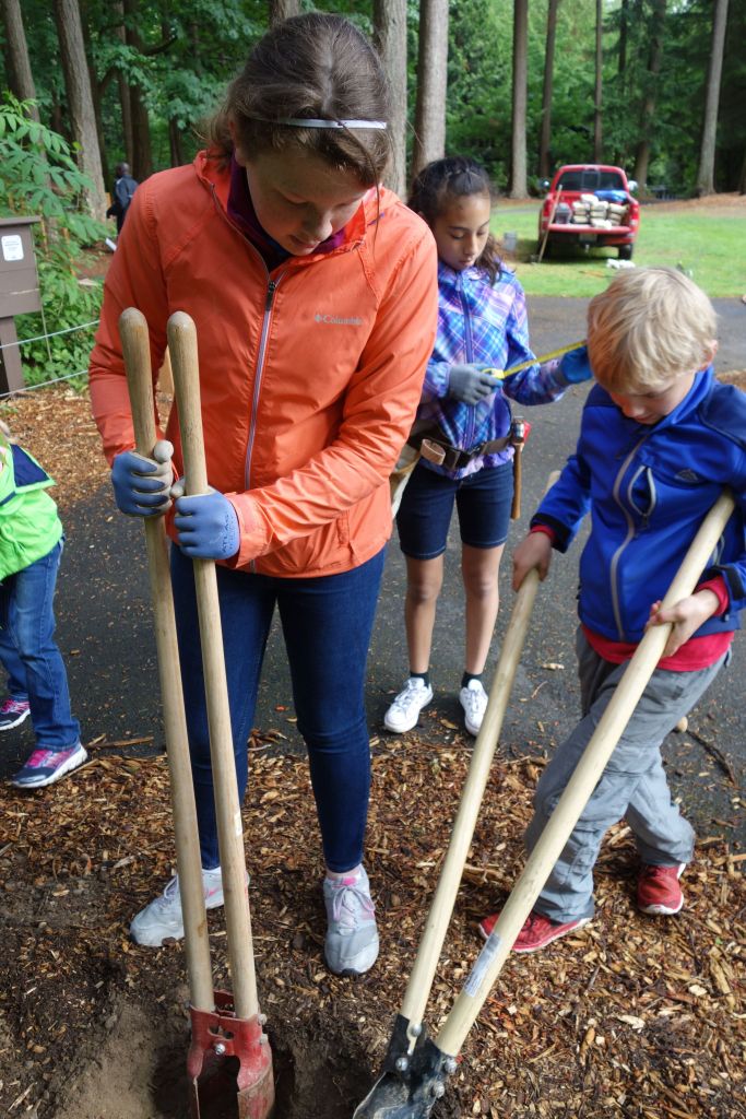 Emily Goergen (left), a Girl Scout from Troop 41002, and Ryan Sturgill, a Webelos Cub Scout from Pack 331, dig a post hole for a new interpretive sign at Lynndale Park in Lynnwood. Behind them, Izabela Sanchez Nobles stands ready to measure the depth of the hole.