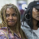 Margaret Prescod (left), with Black Coalition Fighting Back Serial Murders, and Tracy Williams, a relative of one of the victims of Lonnie Franklin Jr., react in Los Angeles Superior Court on Monday at a news conference after a jury reached a verdict sentencing Franklin to death for murdering nine women and a teenage girl.