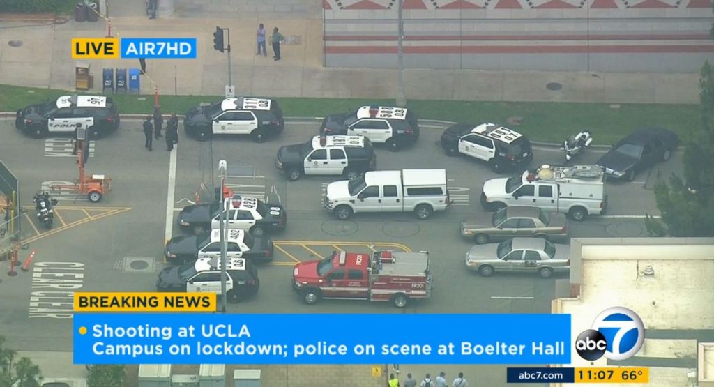 In this image made from video, police respond to a fatal shooting at the University of California, Los Angeles, on Wednesday.