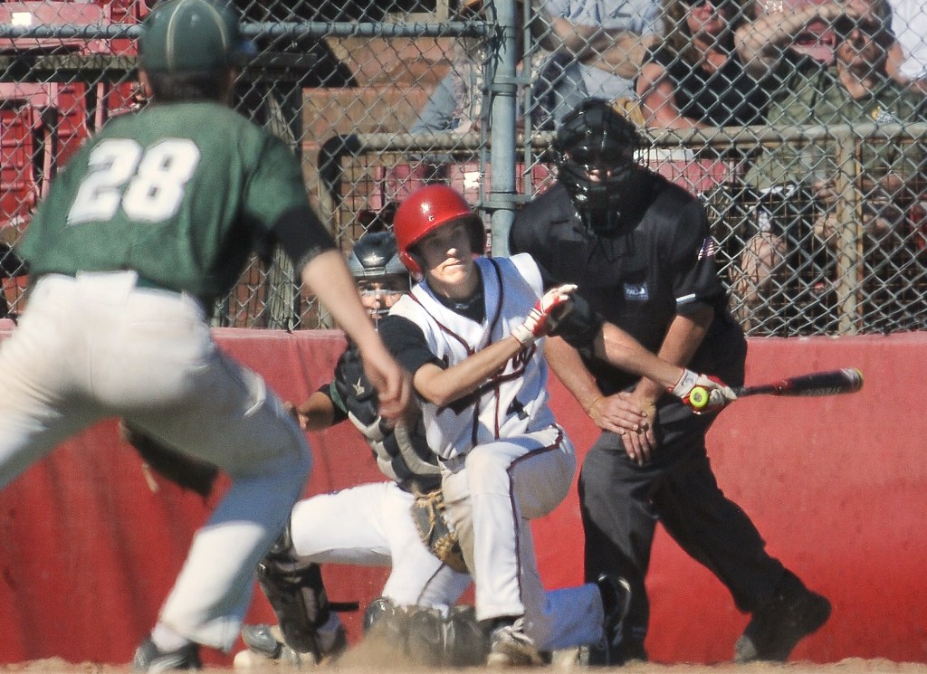 Snohomish&rsquo;s Adam Ivelia watches his RBI base hit in the third inning of Monday&rsquo;s game.