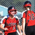 Snohomish&rsquo;s Sami Reynolds (left) celebrates with teammate Rylie Wales after Reynolds&rsquo; scored one of Snohomish&rsquo;s four runs in a 4-0 in over Jackson on May 10 at Snohomish High School.