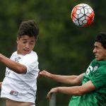 Glacier Peak&rsquo;s Daniel Guerrero (left) and Edmonds-Woodway&rsquo;s Cameron Cohn go up for a header during the 3A District 1 championship game on Saturday at Shoreline Stadium.