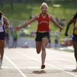 Snohomish&rsquo;s Madelyn Prigmore (center) crosses the line to win the girls 100-meter dash at the Wesco 4A league championships on Friday at Snohomish High School.