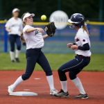 Glacier Peak&rsquo;s Kendall Curtis (left) throws a ball to first base on a double play attempt as Mt. Spokane&rsquo;s Jolene House runs into second base during a first-round game of the 3A state softball tournament Friday in Lacey.