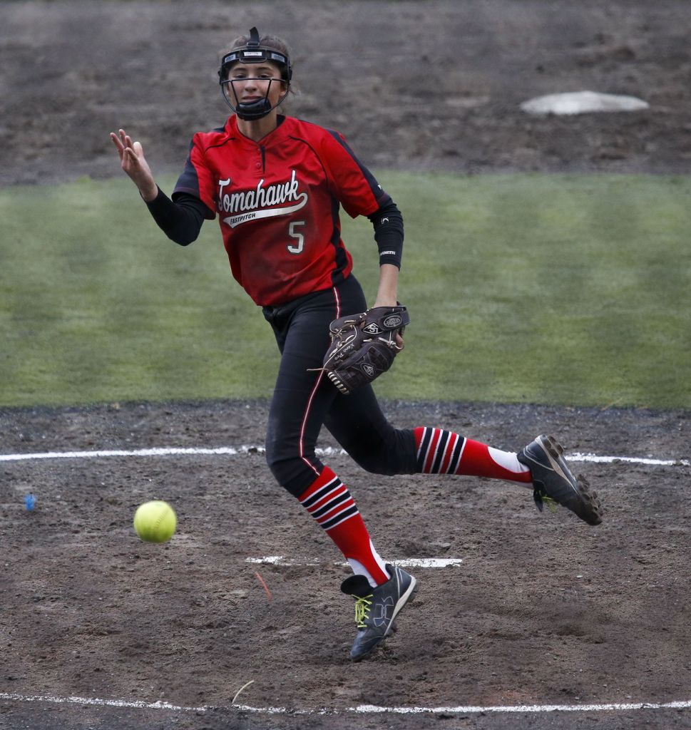Marysville Pilchuck&rsquo;s Lilianne Fischer delivers a pitch during the 3A District 1 third-place game against Glacier Peak on Thursday at Phil Johnson Fields in Everett.