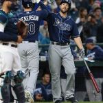 The Rays&rsquo; Steven Souza Jr. (right), a Cascade High School alum, congratulates teammate Corey Dickerson, who just hit a home run, before batting against the Mariners on Monday at Safeco Field in Seattle.