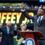 Hall-of-Famer Ken Griffey Jr. dances to his walk-up music before his speech during a ceremony to retire his No. 24 on Saturday at Safeco Field. (Kevin Clark / The Herald)