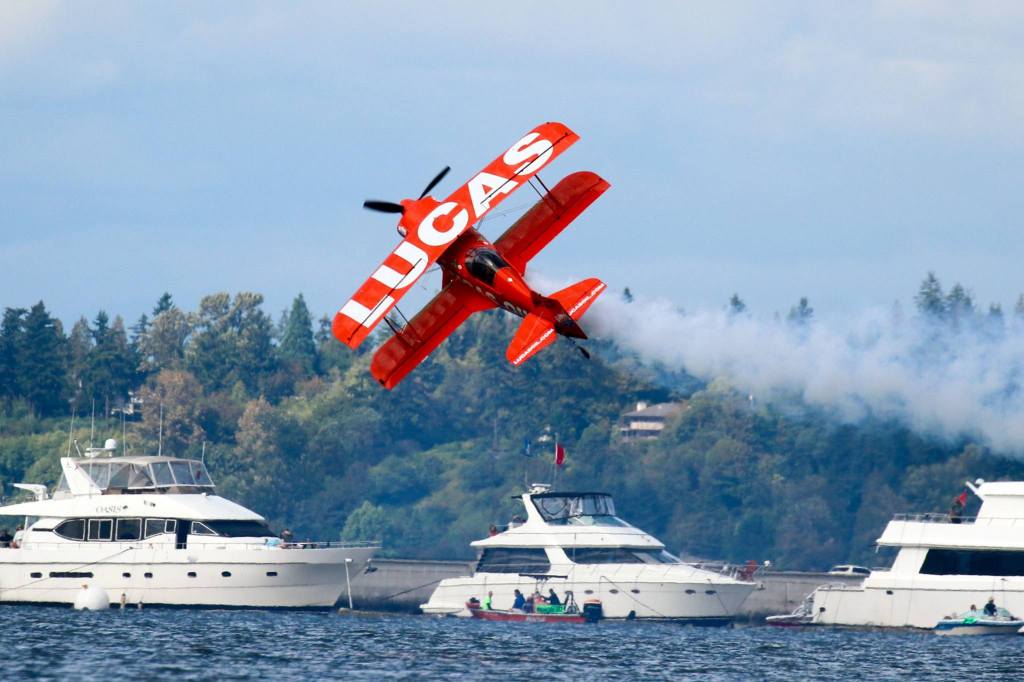 Pilot Mike Wiskus performs at the Seafair hydroplane races Sunday in Seattle. (Kevin Clark / The Daily Herald)