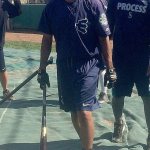 Everett AquaSox outfielder Dimas Ojeda (center) walks toward the cage to take batting practice Monday at Everett Memorial Stadium. (Jesse Geleynse photo)